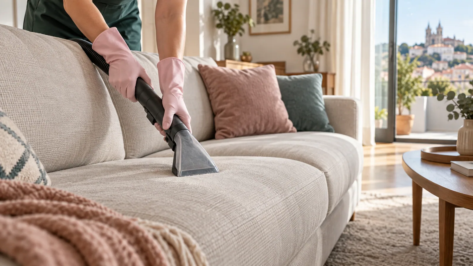 Sofá de tecido claro numa sala luminosa, preparado para limpeza cuidadosa