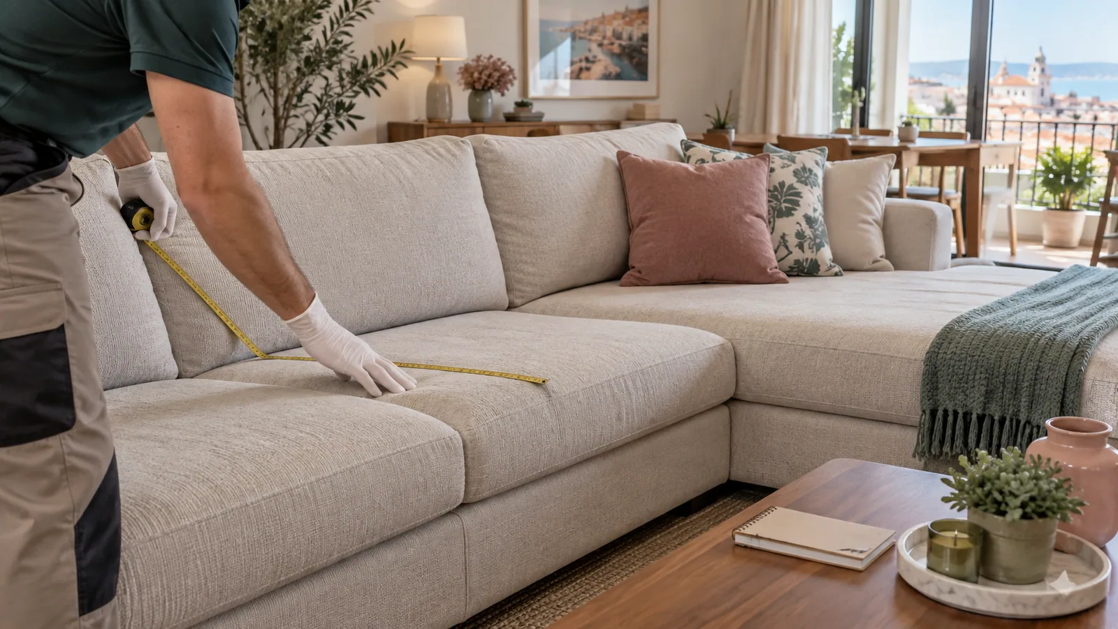 Sofá de sala preparado para uma avaliação de higienização profissional