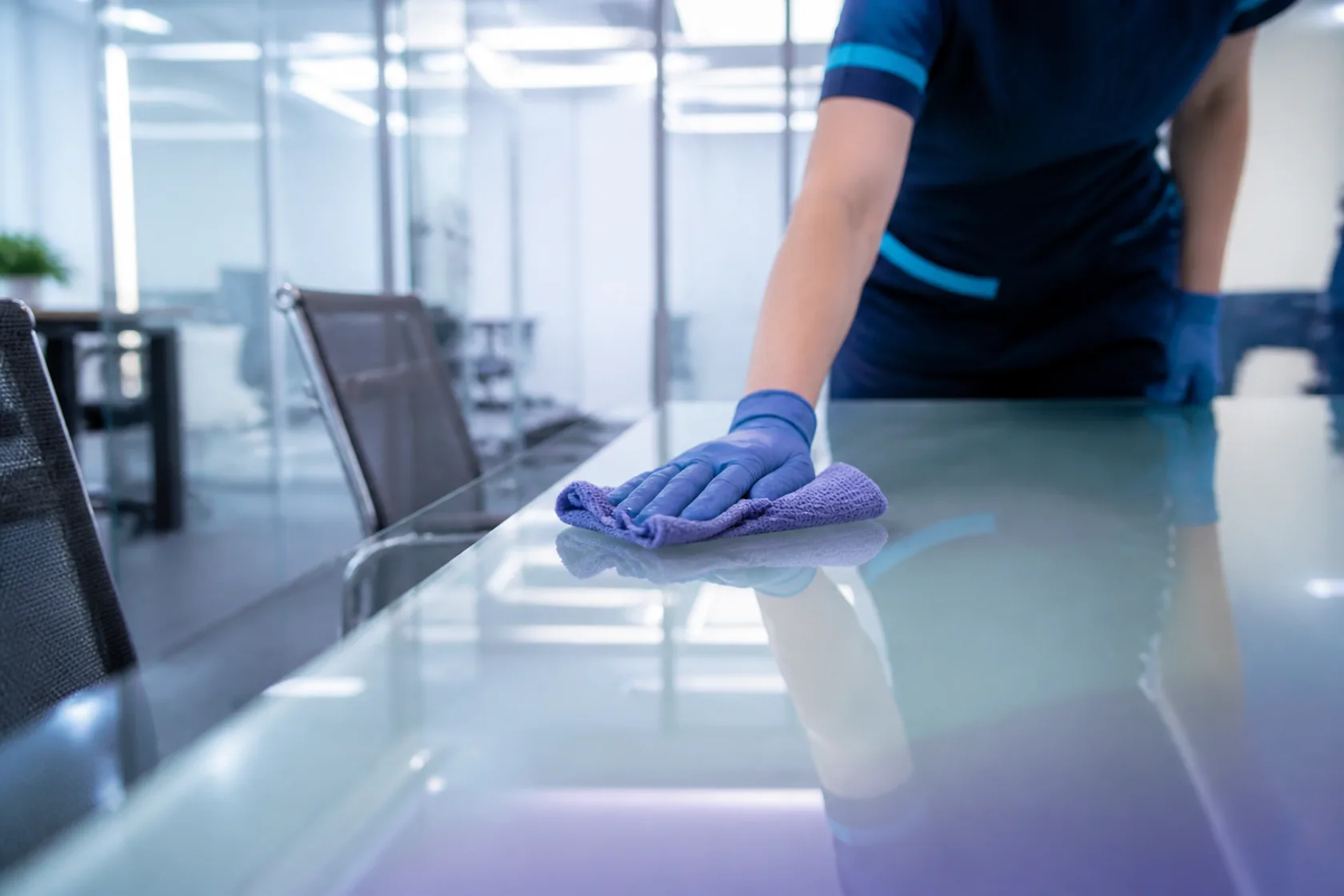 Detalhe de limpeza profissional num espaço de trabalho