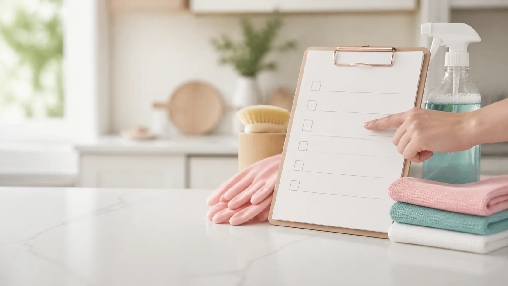 Checklist e materiais de limpeza organizados numa cozinha