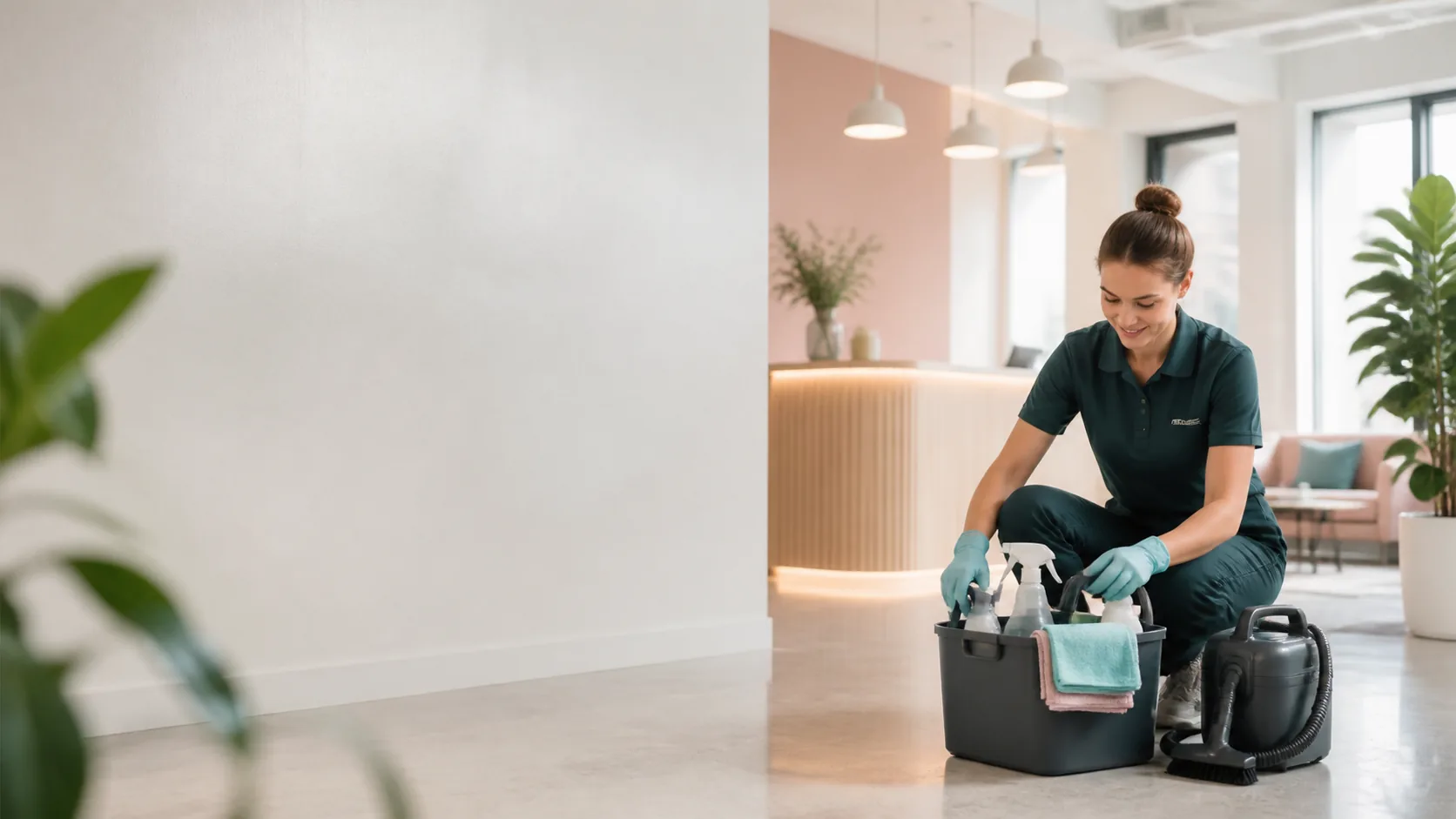 Profissional a preparar equipamento de limpeza num espaço de trabalho
